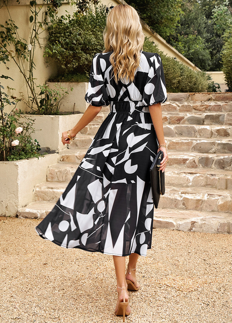 Temperament Waist-controlled V-neck Print Dress