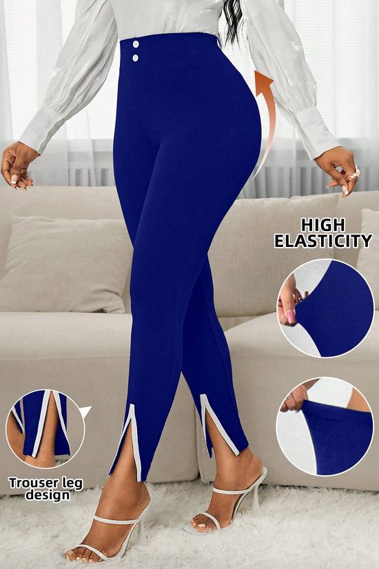 Women Elegant Contrast Color Split Hem Slim Fit Pants