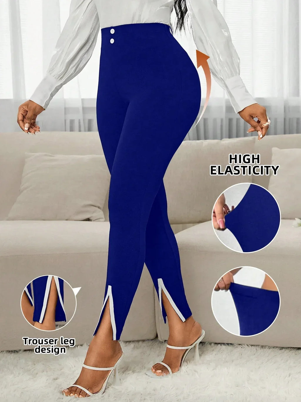 Women Elegant Contrast Color Split Hem Slim Fit Pants - DanaFashionstore