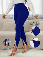 Women Elegant Contrast Color Split Hem Slim Fit Pants - DanaFashionstore