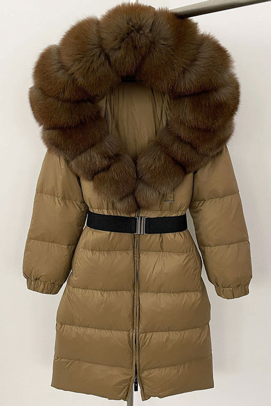 Women's Long Cinched Hoodie Real Fox Fur Collar Coat