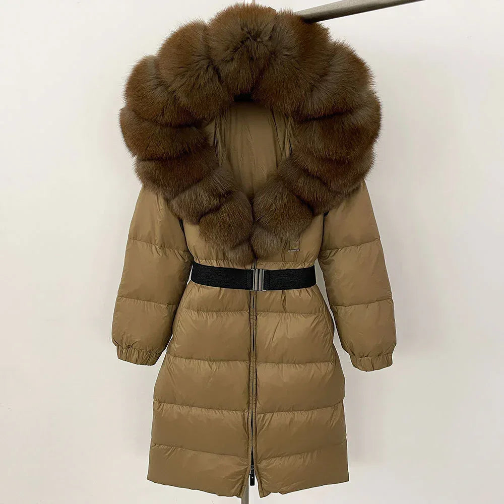 Women's Long Cinched Hoodie Real Fox Fur Collar Coat 2026 - Winter Jacket - DanaFashionstore