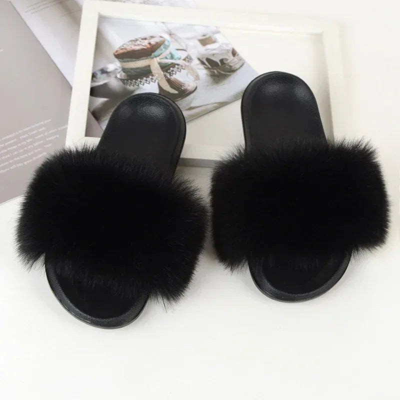 Faux Fox Fur Slippers Women Non Slip Plush Slippers - DanaFashionstore