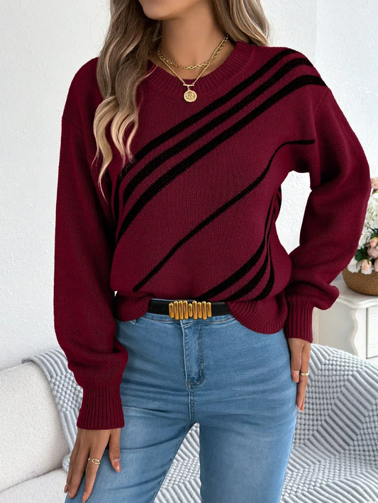 Women Casual Striped Round Neck Lantern Sleeve Long Sleeve Pullover Sweater - DanaFashionstore