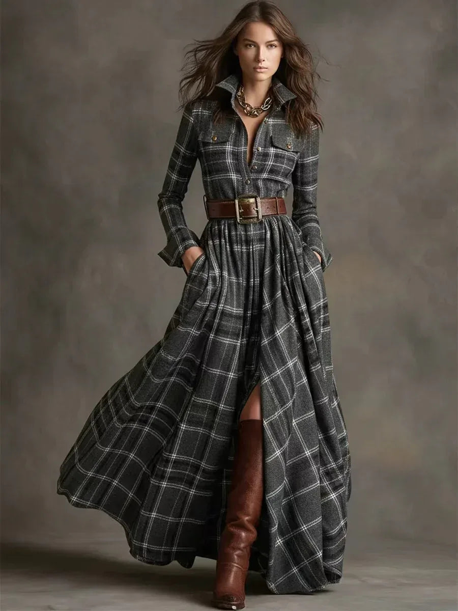 Ins Plaid Print Long-Sleeved Dress Fashion Pockets Collared Buttons Shirt Long Dresses Retro Women's Clothing - DanaFashionstore
