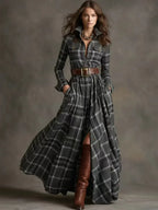Ins Plaid Print Long-Sleeved Dress Fashion Pockets Collared Buttons Shirt Long Dresses Retro Women's Clothing - DanaFashionstore