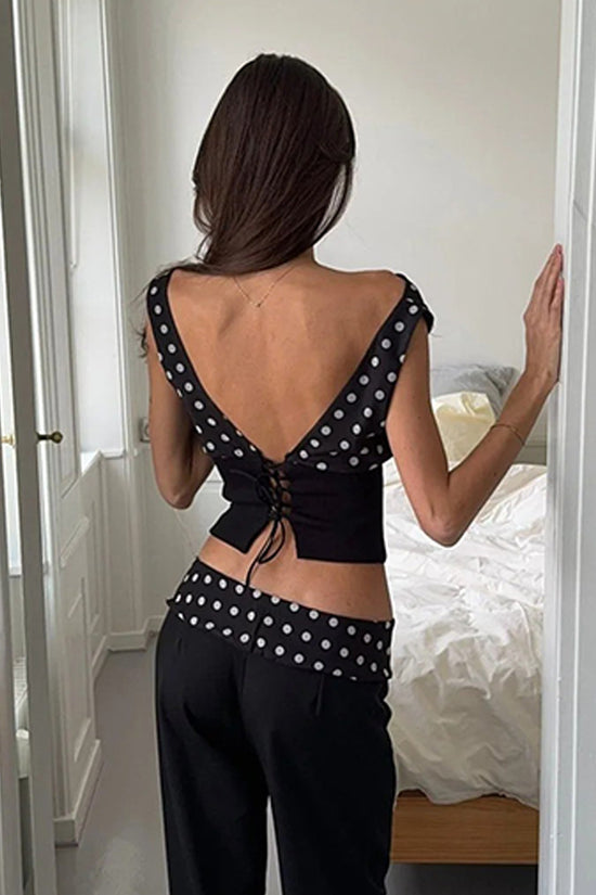 Polka Dots Print Oblique Shoulder Tops Summer Patchwork Chiffon Crop Top Women Sexy Sleeveless Lace Up Backless Blouse Casual Streetwear Tee