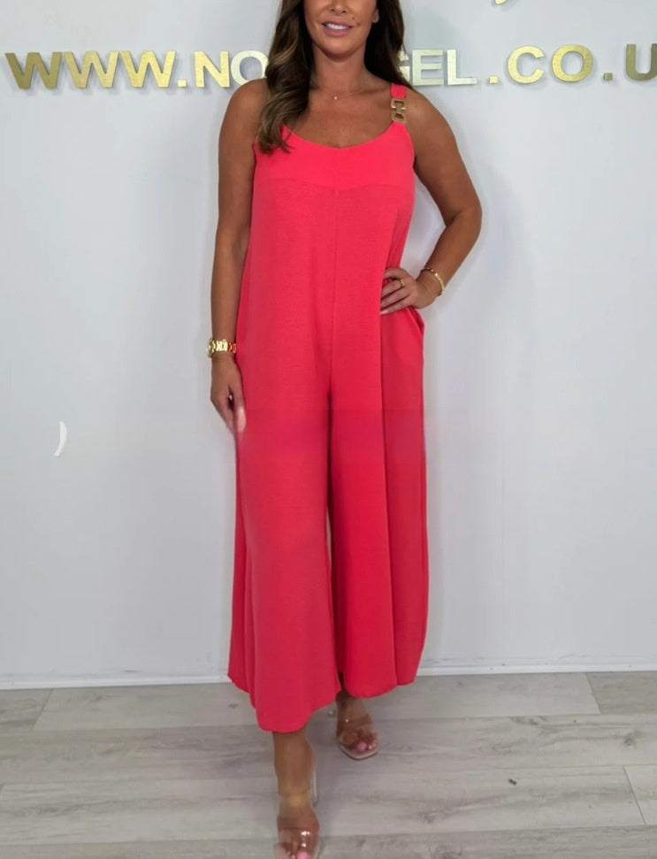 Solid Color Casual Sling Wide Leg Jumpsuit
