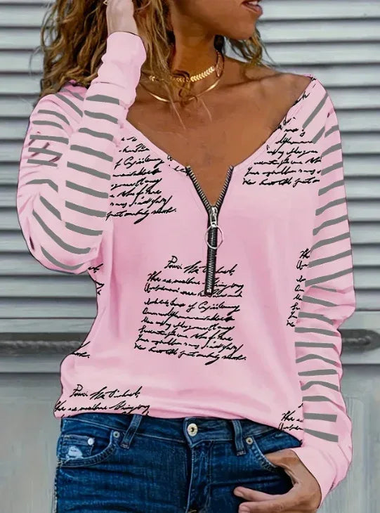Women's Casual V-Neck T-Shirt With Unique Cloud Print - DanaFashionstore