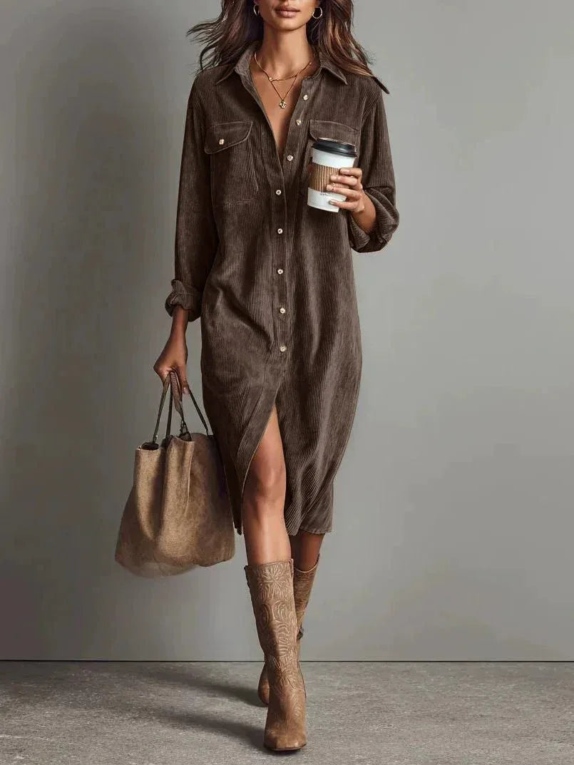 Turn-Down Collar Buttons Chic Casual Dress, Women Spring Autumn Solid Simple Party Dress, Long Sleeve Holiday Ladies Dress - DanaFashionstore