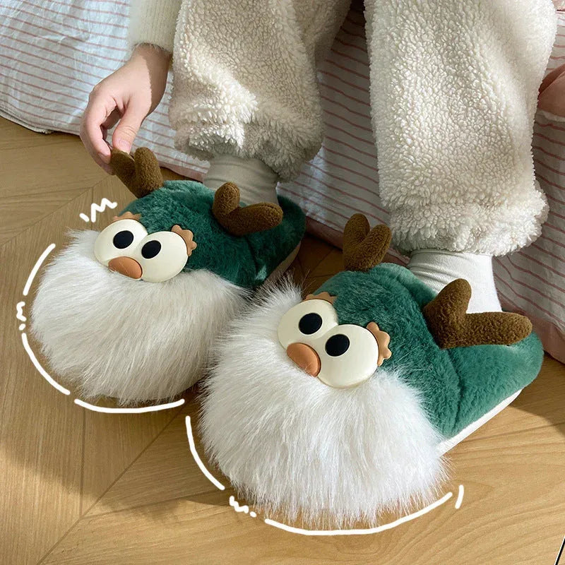 Cute Cartoon Christmas Deer Cotton Shoes Winter Indoor Floor Home Slippers Half-covered Heel Warm Plush Shoes Women - DanaFashionstore