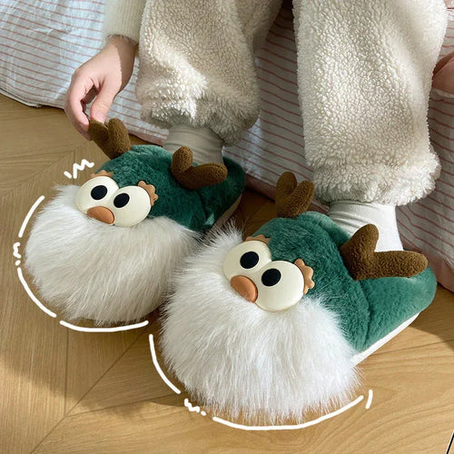 Cute Cartoon Christmas Deer Cotton Shoes Winter Indoor Floor Home Slippers Half-covered Heel Warm Plush Shoes Women - DanaFashionstore