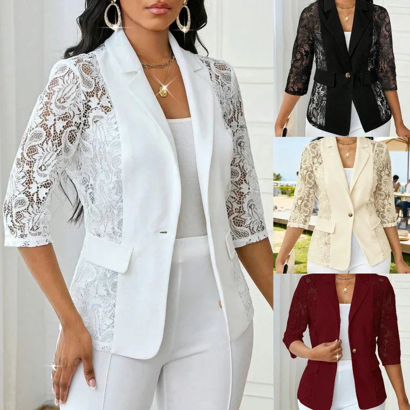 Womens Solid-Color Lace Hollowed-Out Three-Quarter-Sleeve Casual Jacket - DanaFashionstore