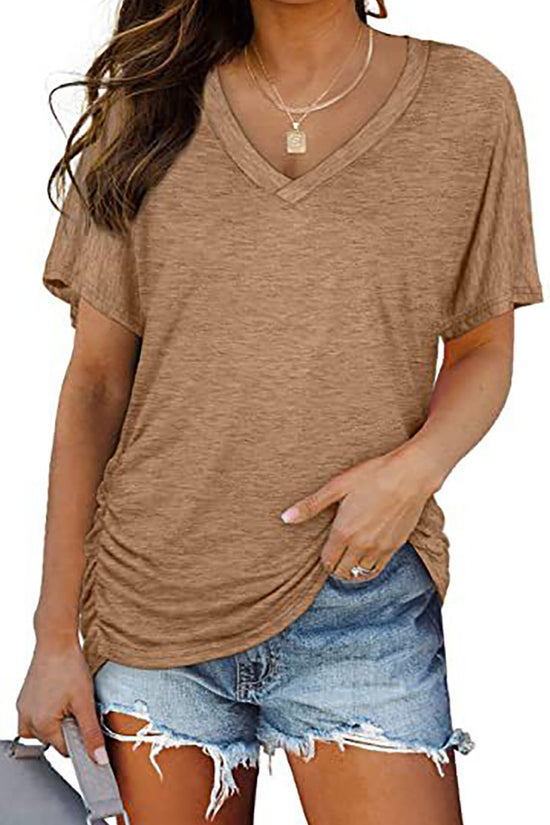 European And American T-shirt Solid Color Casual Loose-fitting V-neck Top