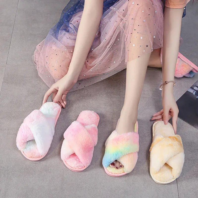 Fashion Cross Plush Casual Rainbow Slippers - DanaFashionstore