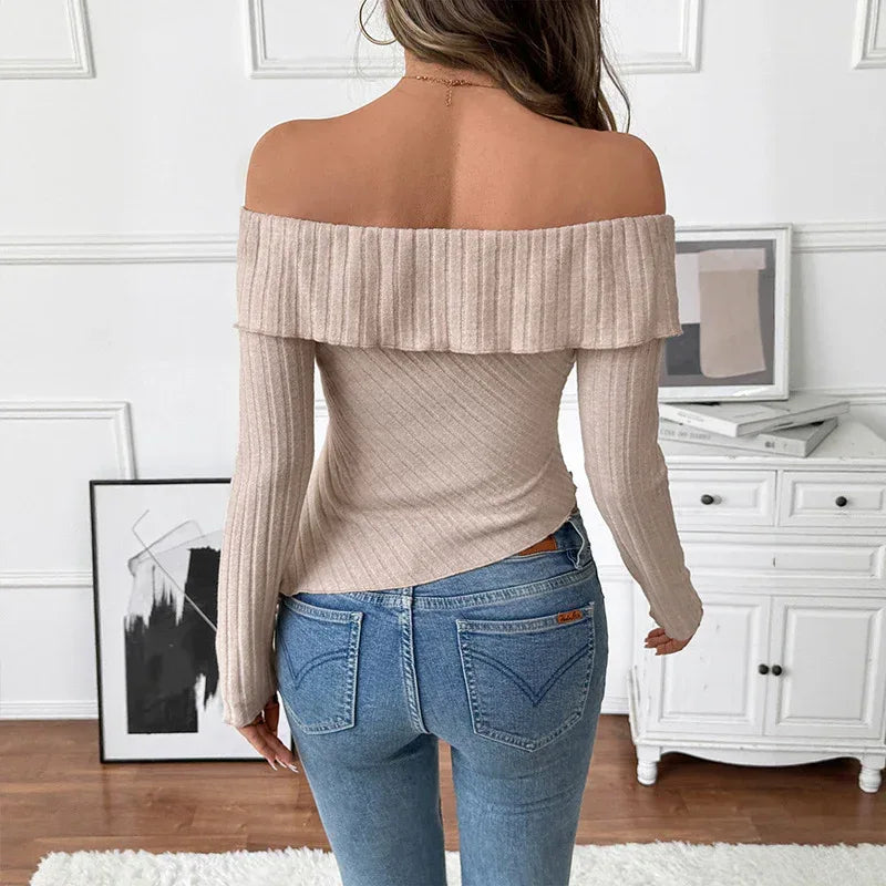 Women's Knitted Solid Color Long Sleeve Off Shoulder Irregular Hem - DanaFashionstore