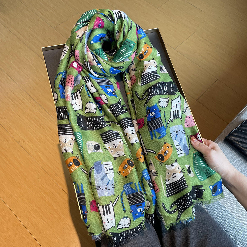 Cute Female Cat Picture Cotton And Linen Scarf