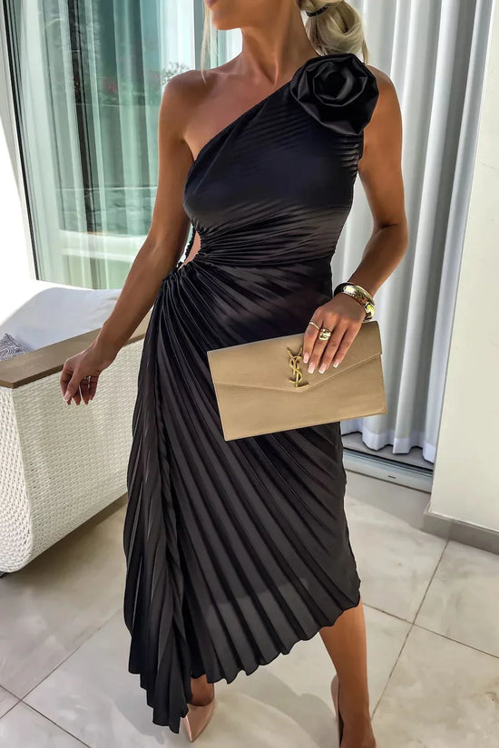 Ins Pleated One-shoulder Dress With Big Rose Flower Fashionable Sexy Evening Party Club Asymmetrical Dress - DanaFashionstore