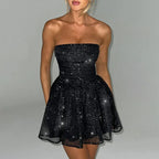 Tube Top Lace Dress With Back Bow-knot Summer Fashion Temperament Mesh Stitching Off-neck Short Skirt - DanaFashionstore