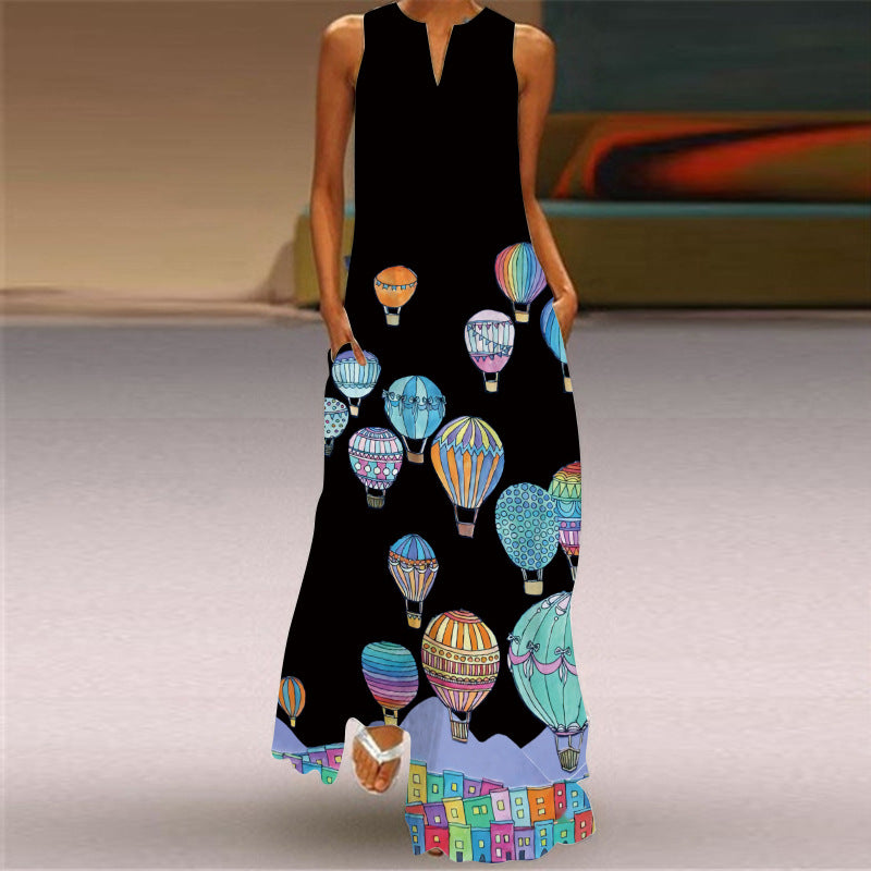 Butterfly Print Long Dress V-Neck Sleeveless