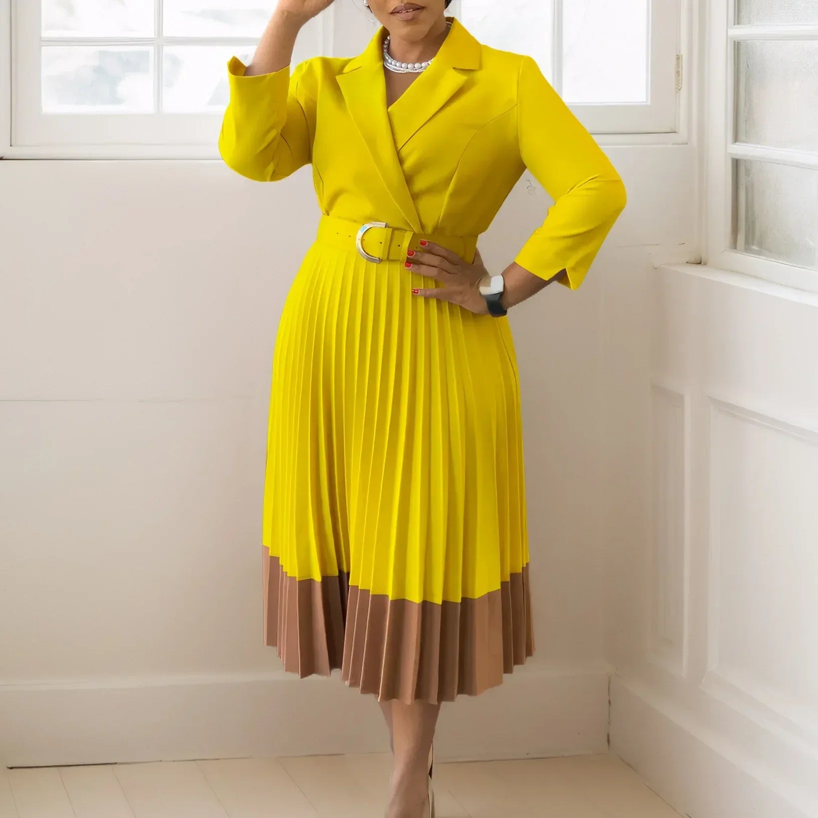 Suit Collar Fashion Elegant Pleated African Dress - DanaFashionstore