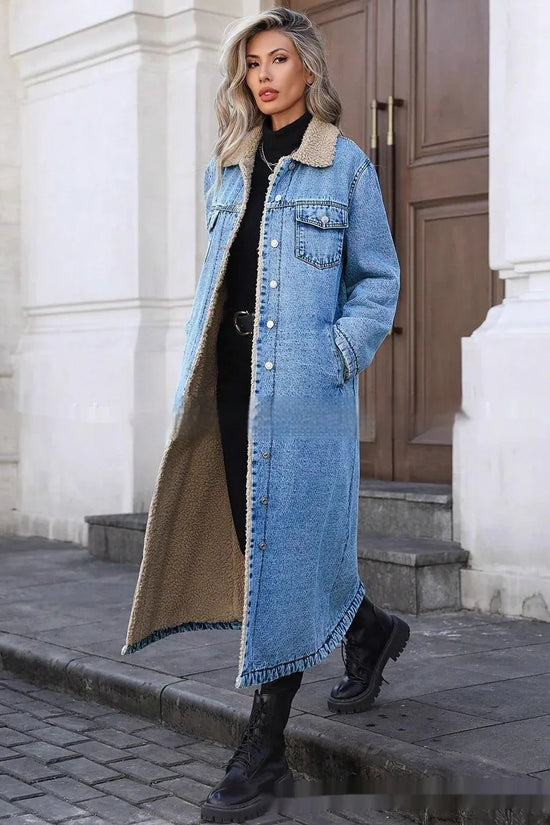 Womens Loose, Long, Fleece-lined Cotton Denim Jacket - DanaFashionstore
