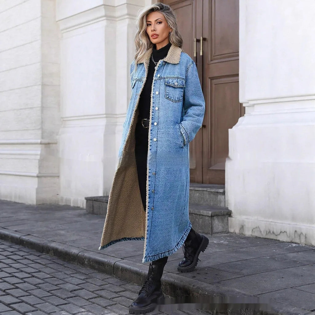 Womens Loose, Long, Fleece-lined Cotton Denim Jacket - DanaFashionstore