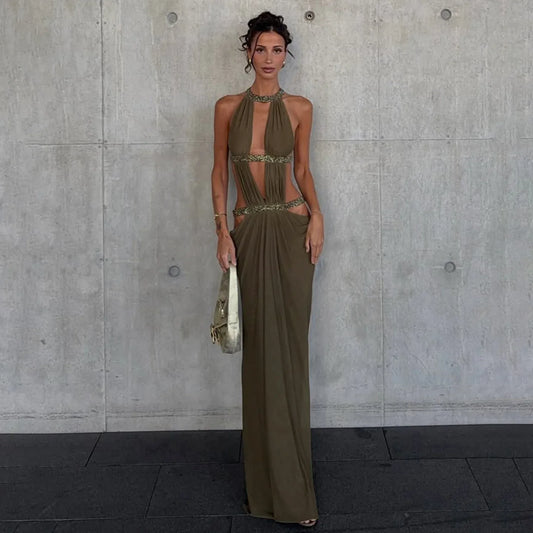 European And American-style Sexy Backless Patchwork Hollow-out Halter-neck Slimming Vest Dress - DanaFashionstore