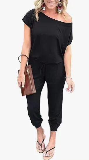 Fashion Slant Shoulder Jumpsuit 2026 - Short Sleeve Pocket Jumpsuit - DanaFashionstore
