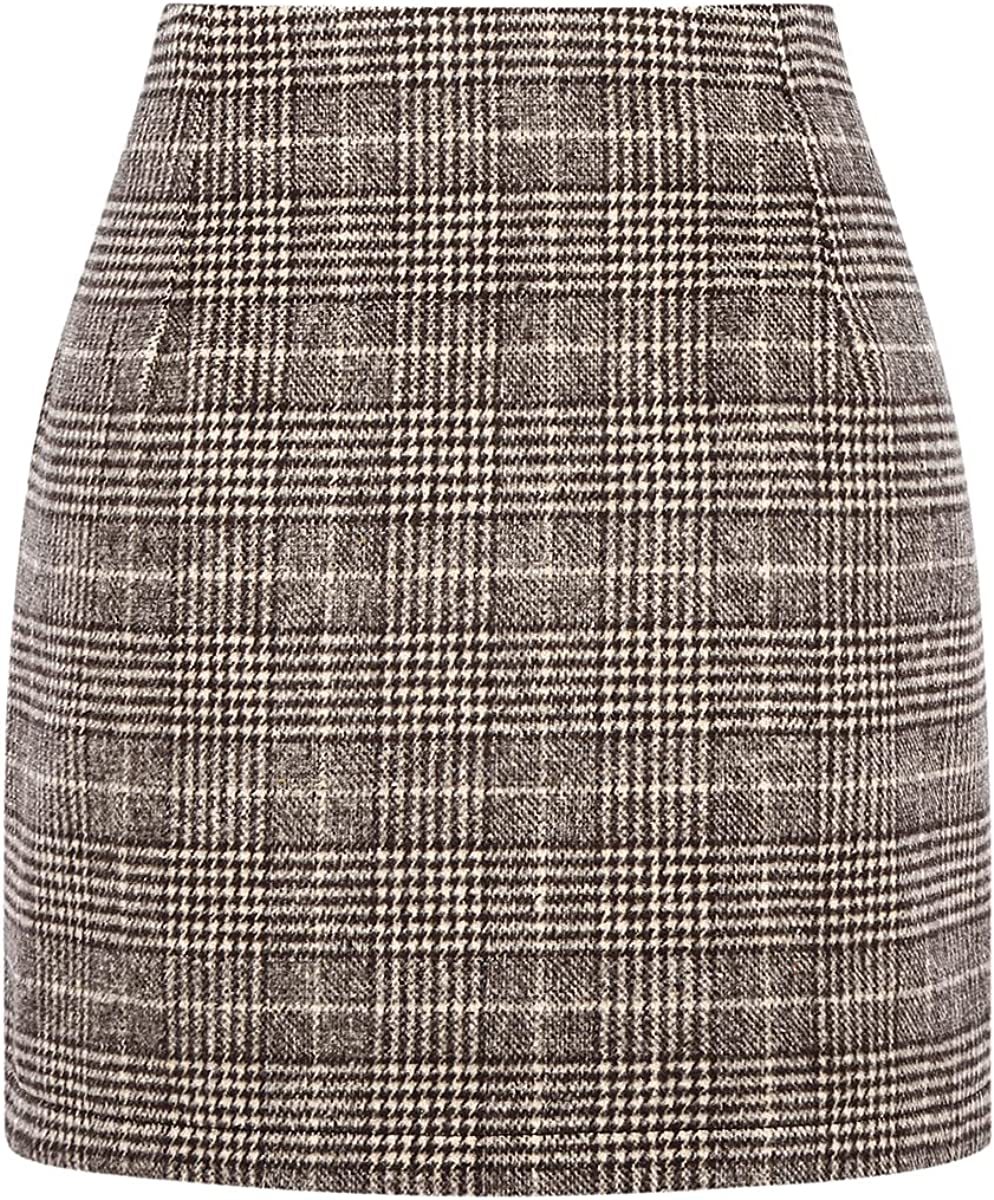 Women's High Waist Plaid Tight Pencil Wool Mini Skirt