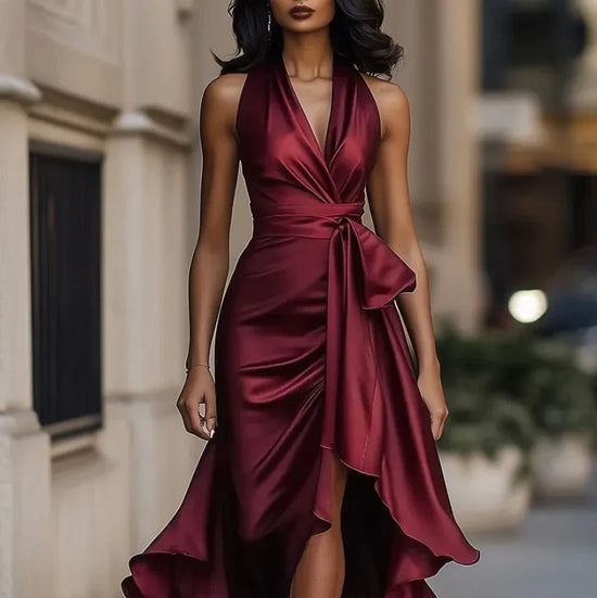 Elegant Deep V-neck Irregular Women's Ruffled Ruffled Evening Dress Gowns Solid Color Lace-up High Waist Satin Party Dresses Wedding Guests Dress - DanaFashionstore
