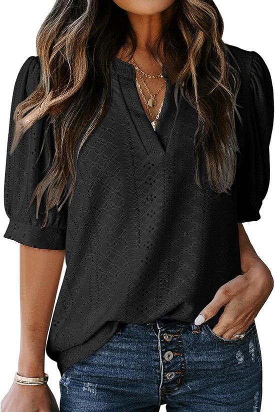 Women's Summer Business Casual Blouse V-neck Short Sleeve Shirt