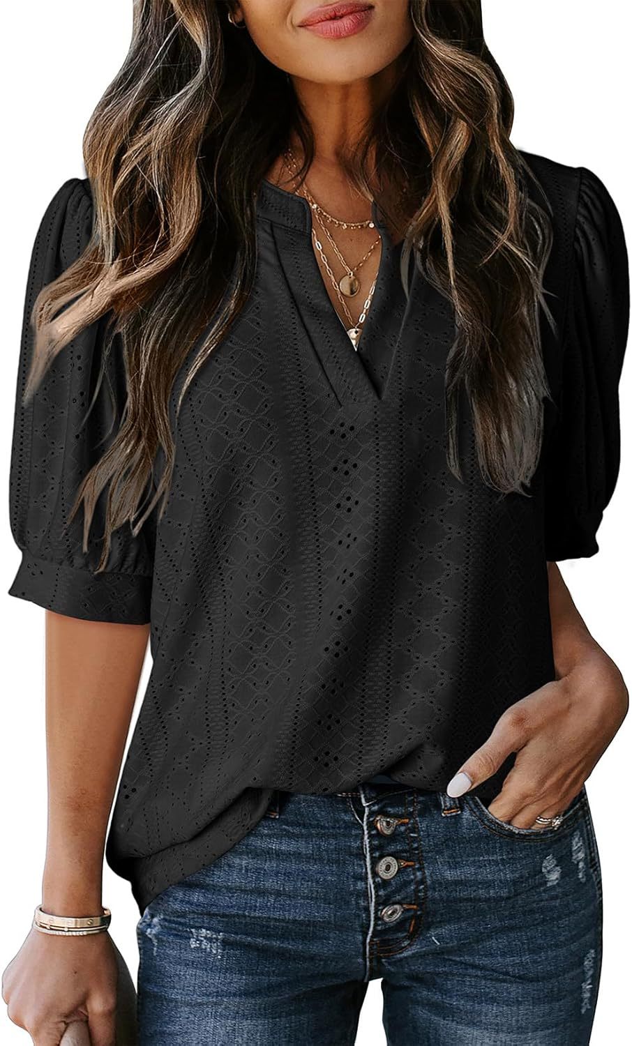 Women's Summer Business Casual Blouse V-neck Short Sleeve Shirt
