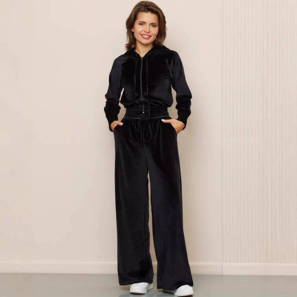 Women's European And American Fashion Casual Solid Color Zipper Cardigan Trousers Suit
