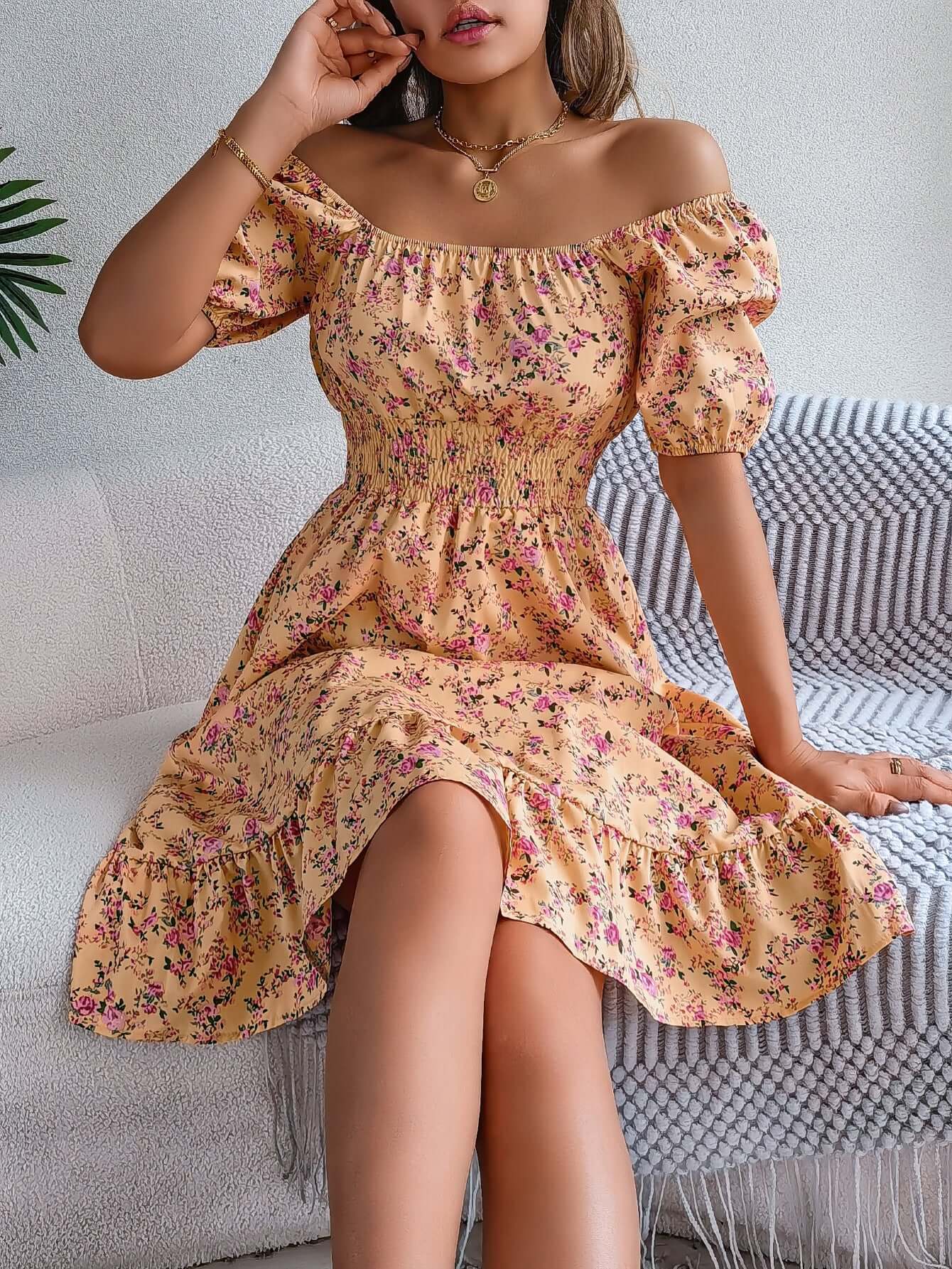 Floral Print Square Collar Dress Summer Fashion Ruffles Dresses Women's Clothing $49.99 Dana Fashion Color: Yellow Size: L Women's clothing Overview: Unique design, stylish and beautiful. Good material, comfortable wear. A variety of colors, any choice. P