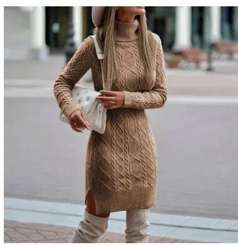Fashion Turtleneck Knitted Dress With Slit Design Winter Warm Solid Color Pullover Long Sweater Women's Clothing - DanaFashionstore
