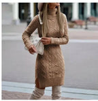 Fashion Turtleneck Knitted Dress With Slit Design Winter Warm Solid Color Pullover Long Sweater Women's Clothing - DanaFashionstore