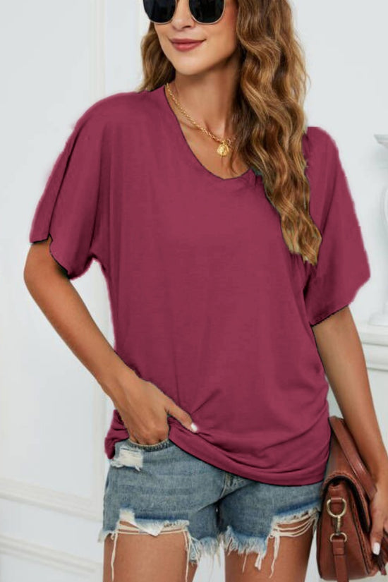 European And American T-shirt Solid Color Casual Loose-fitting V-neck Top