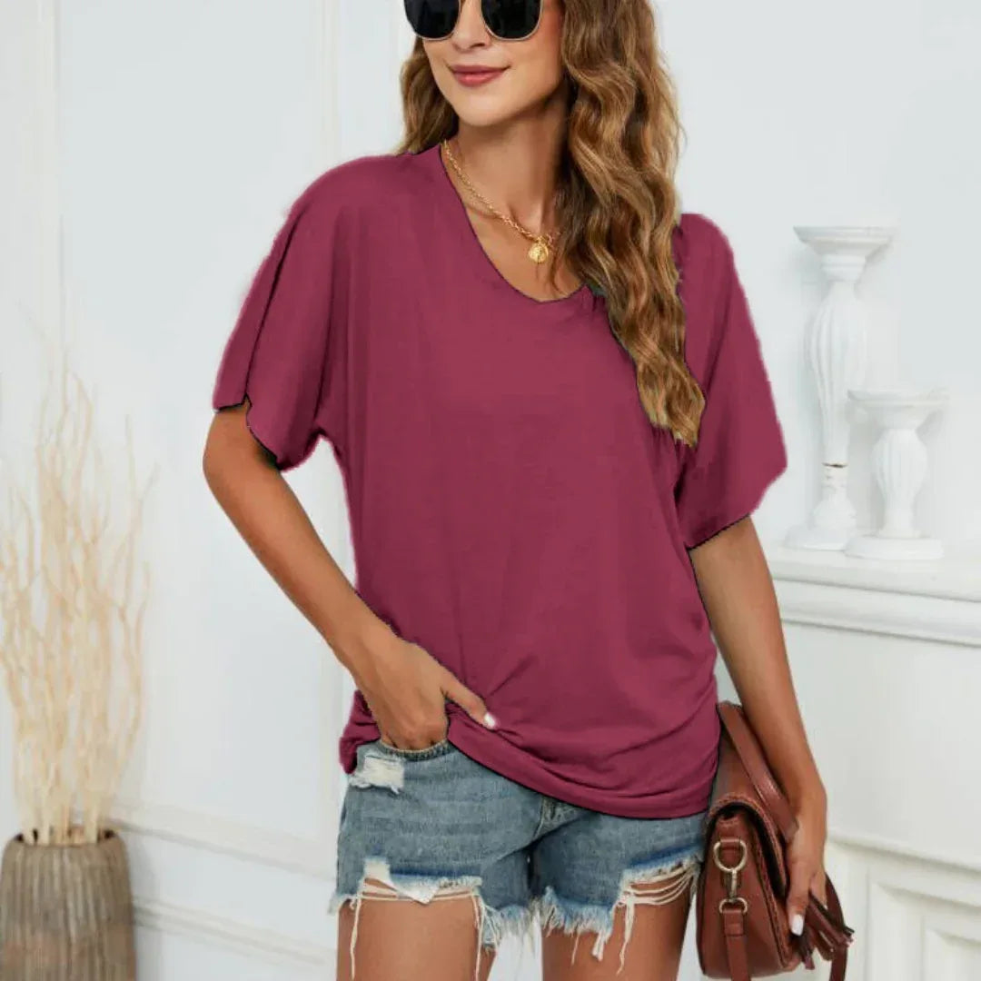 European And American T-shirt Solid Color Casual Loose-fitting V-neck Top - DanaFashionstore