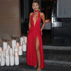 Halter Backless Silk Dress 2026 - V-Neck Bright Party Dress - DanaFashionstore