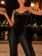 Black Velvet Patchwork Mesh Jumpsuit 2026 - Suspender Party Jumpsuit - DanaFashionstore