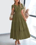Fashion V-neck Pleated Puff Sleeve Layered Large Swing Dress
