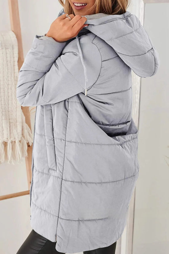 Women's Hooded Solid Color Pocket Long Cotton Jacket Coat