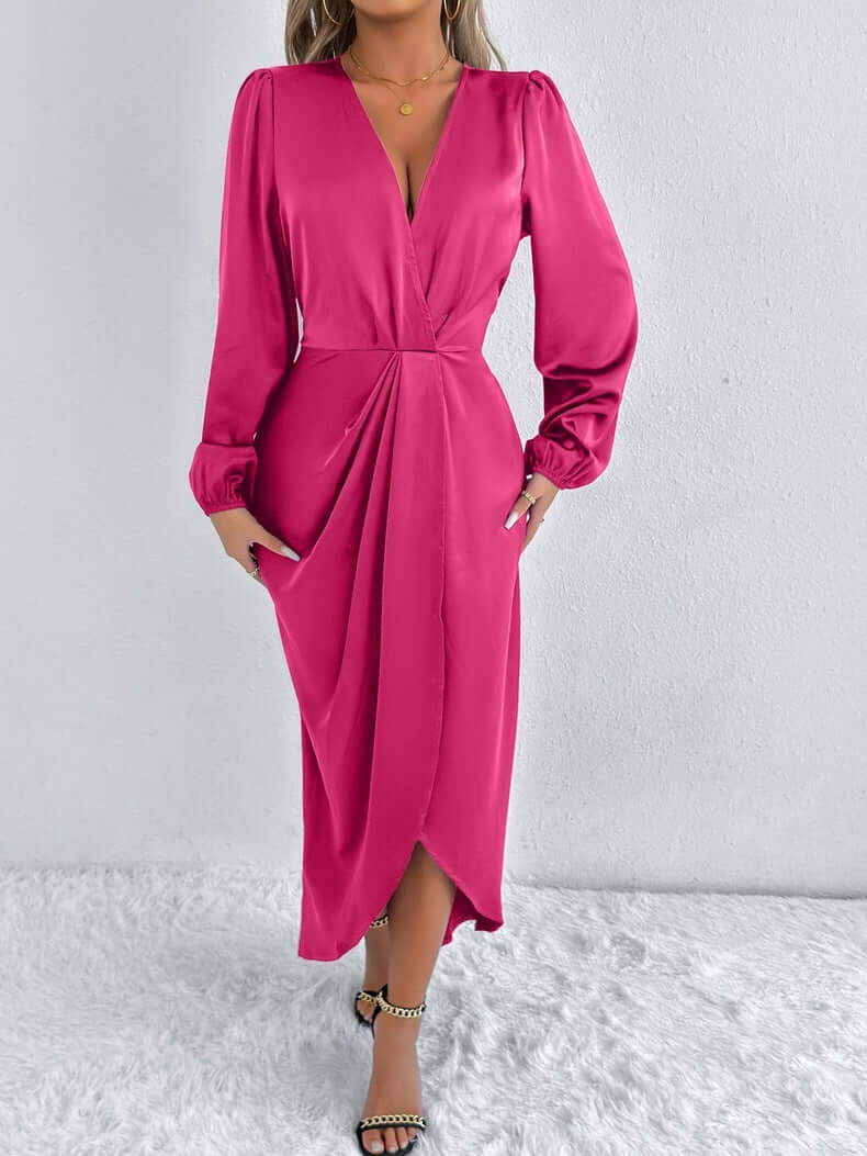 Satin European And American Style Dress High-grade $47.06 Dana Fashion Color: Rose Red Size: L Women's clothing Product information: Color: khaki, Brown, Army Green, Rose Red, green, orange, pink, blue Waist type: high waist Size: XS,S,M,L,XL,XXL Sleeve t