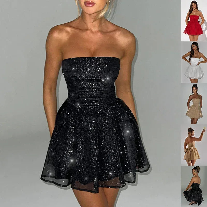 Tube Top Lace Dress With Back Bow-knot Summer Fashion Temperament Mesh Stitching Off-neck Short Skirt - DanaFashionstore