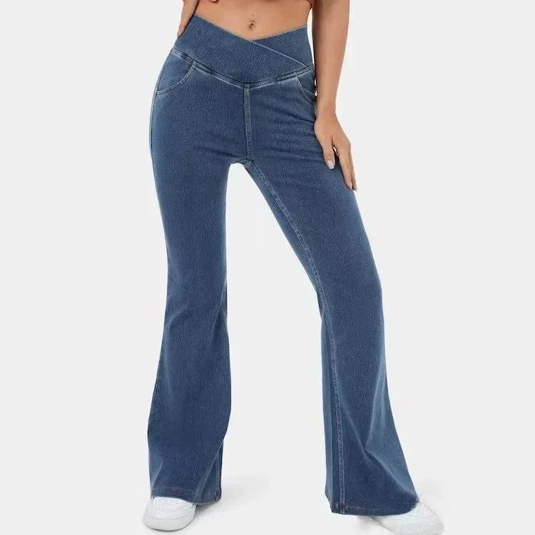 High Imitation Denim Bell-bottom Pants Cross-border Hip Lifting European And American Women Bell-bottom Pants - DanaFashionstore