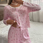Lace-trimmed Single-breasted Printed Loungewear Two-piece Set For Women