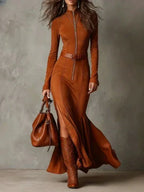 Slim Zipper Dress Elegant Temperament Split Long-sleeved Dresses Cowboy Fashion Retro Women's Clothing - DanaFashionstore