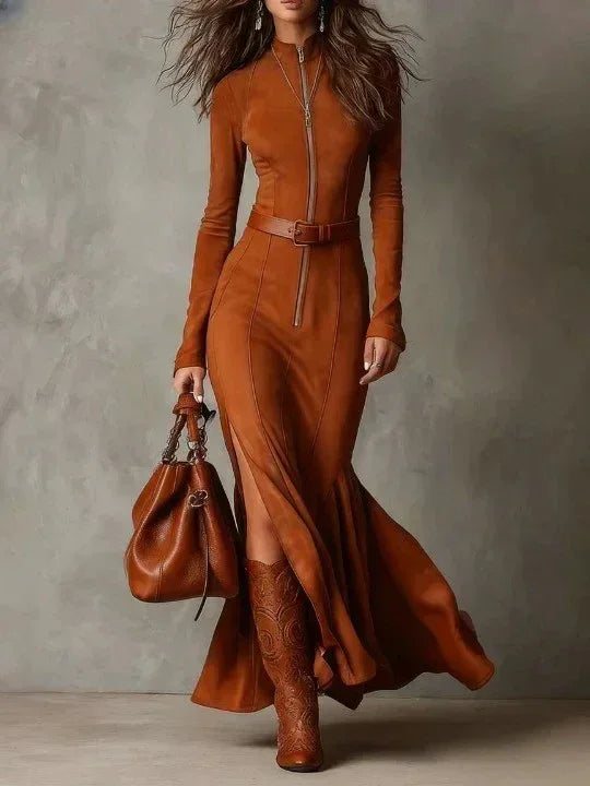 Slim Zipper Dress Elegant Temperament Split Long-sleeved Dresses Cowboy Fashion Retro Women's Clothing - DanaFashionstore