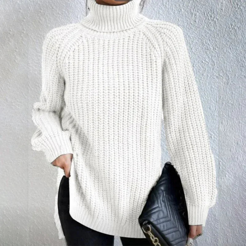 Turtleneck Pullover Sweater With Split Design Fashion Simple Solid Color Long Sleeve Tops Women's Clothing - DanaFashionstore
